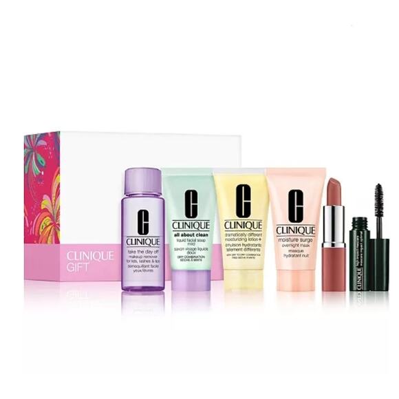 CLINIQUE 6 PC BEAUTY & MAKEUP SET FACE CLEANER, MASK, LOTION, MASCARA, LIPSTICK - Picture 1 of 3